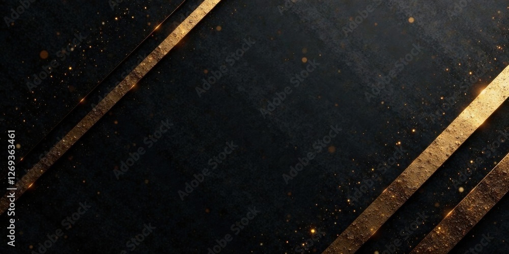 Poster dark background with glimmering gold diagonal stripes and sparkling dust