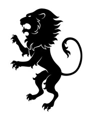 Heraldic lion silhouette. Black standing lion in flat style. Heraldic icon, symbol and design element isolated on white background. Vector illustration