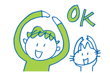 OKサインを出す男性とかわいい猫の手描きイラスト