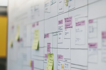 Colorful sticky notes arranged on a whiteboard for project planning