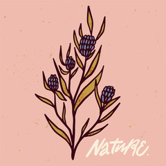 vector folk flowers. hanwritten inscription nature. isolated image. hahd drawn cartoon illustration.