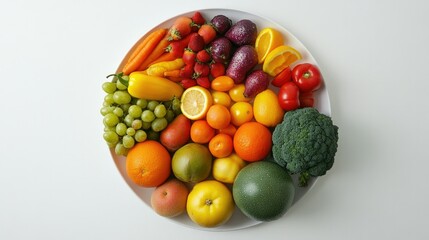 A child-friendly plate with an assortment of colorful fruits and vegetables, carefully arranged into a playful design on white