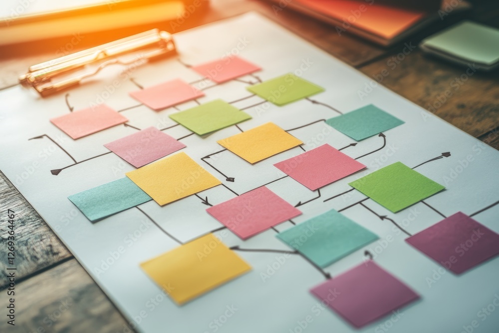 Poster colorful sticky notes on paper with workflow diagram and clips