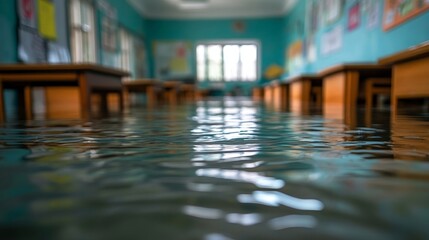 Fototapeta premium Flooded Classroom with Water Reflections and Distressed Educational Environment
