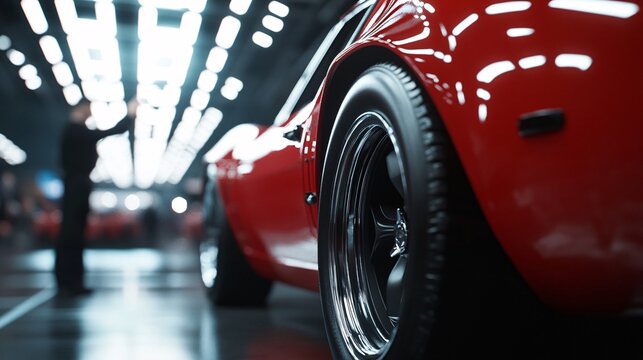 Close-up of a vintage red car in a garage - Powered by Adobe