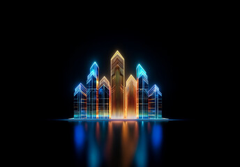 A vibrant futuristic cityscape emerges with glowing blue and orange neon lights outlining sleek, modern buildings against a stark black background, creating a digital and abstract urban scene.