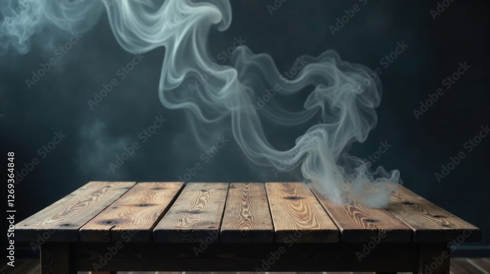 Aufkleber a rustic wooden table with wisps of smoke creating an atmospheric scene