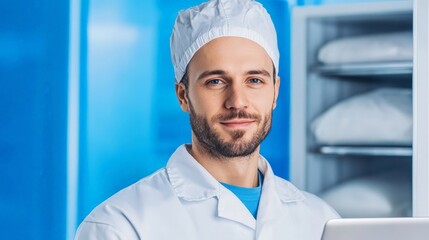 Confident male food industry worker smiling in a clean blue environment