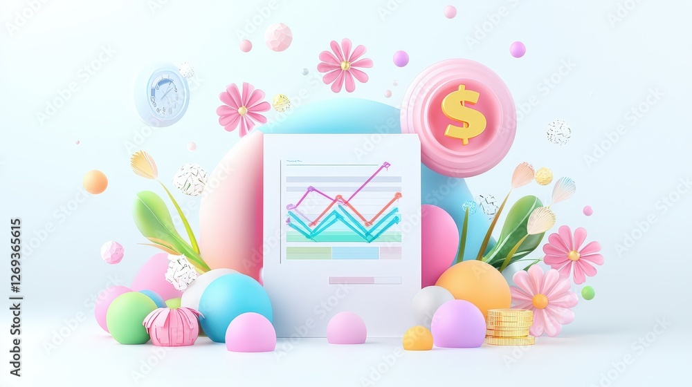 Poster A modern 3D accounting icon showcasing a document with financial graphs, designed with soft gradients and placed on a clean white background for a polished corporate look.