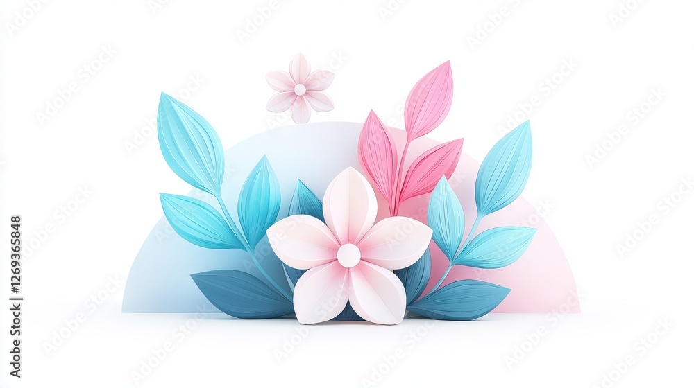 Poster a modern 3d botanical icon with soft gradient detailing, featuring a simple leaf and flower combinat