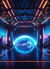 AI landscape seen from a spaceship, can see the stars outside the world, the interior of the spaceship is bright neon colors, beautiful picture, science fiction style.