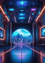 AI landscape seen from a spaceship, can see the stars outside the world, the interior of the spaceship is bright neon colors, beautiful picture, science fiction style.