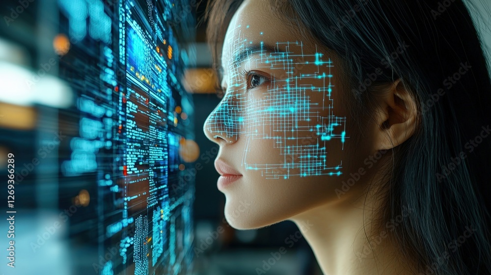 Poster woman engaged with computer screen displaying a modern blue and white grid pattern