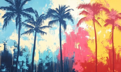 Colorful abstract painting of tropical palm trees.