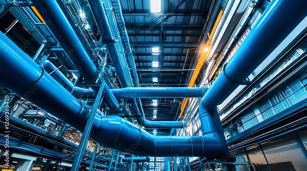 Poster a large industrial building with a blue color scheme. the building is filled with numerous pipes of 