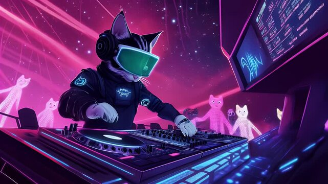 A futuristic DJ cat mixes beats in a neon cyberpunk nightclub. Wearing a VR headset, this sci-fi feline creates an electrifying, digital music atmosphere with glowing lights and holographic visuals