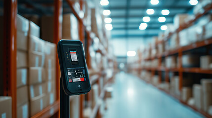 A smart inventory tracking device and barcode scanner are in focus in the foreground, with rows of organized, blurred shelves in the background, emphasizing the blend of human and