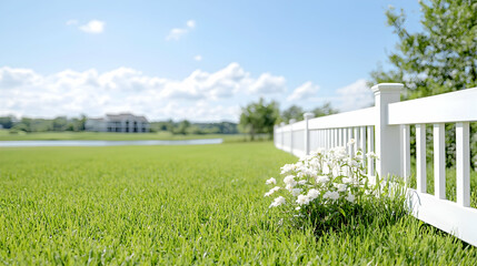 Fototapeta premium White picket fence stands along a lush green lawn under a bright blue sky in a suburban backyard.