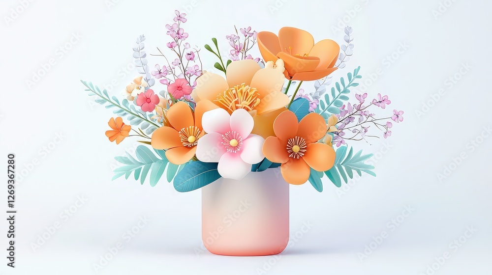 Poster a premium 3d florist icon with a soft gradient overlay, representing a blooming flower arrangement i