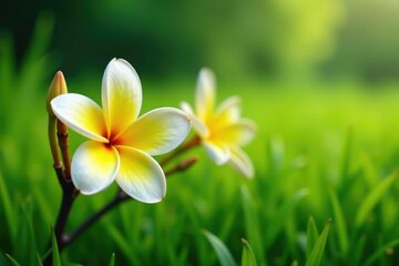 Naklejka premium Delicate frangipani petals bloom in the lush green grass, tropical, nature