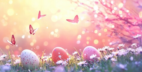 Cheerful Spring Scene with Easter Eggs Nestled in Fresh Grass, Surrounded by Blooming Flowers and Butterflies