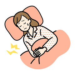 Fototapeta premium Clip art of woman lying down with abdominal pain. 