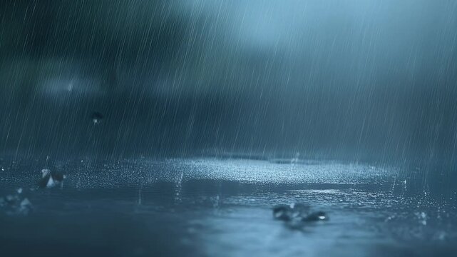 A serene close-up of raindrops falling on a reflective surface, creating ripples. A moody, atmospheric, and calming visual perfect for weather, nature, and cinematic scenes.