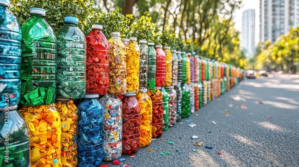 Aufkleber a neatly arranged row of colorful plastic bottles against a smooth flat background