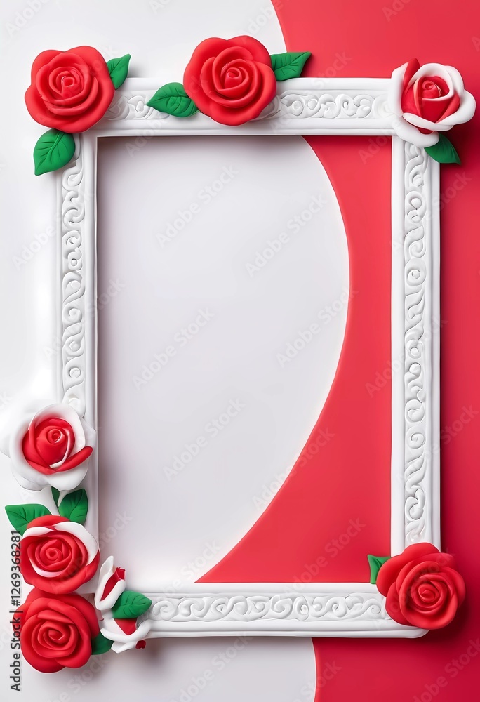 Poster a vibrant red and white decorated frame with roses surrounds an empty space. this setup is perfect f