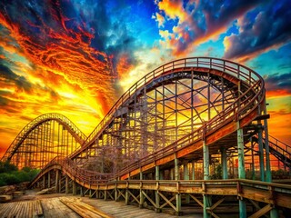 Obraz premium Vintage Wooden Roller Coaster: Thrilling Retro Amusement Park Ride