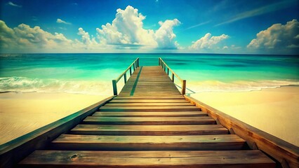 Vintage Wooden Steps to White Sand Beach, Turquoise Sea, Blue Sky