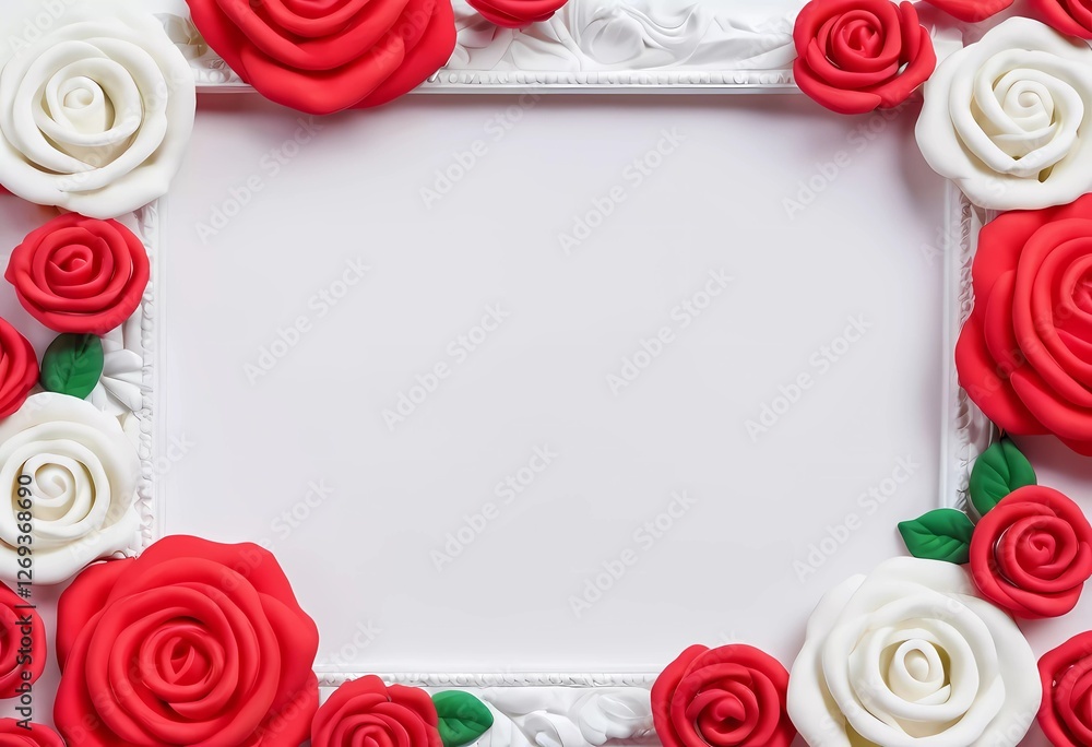Poster a vibrant red and white decorated frame with roses surrounds an empty space. this setup is perfect f