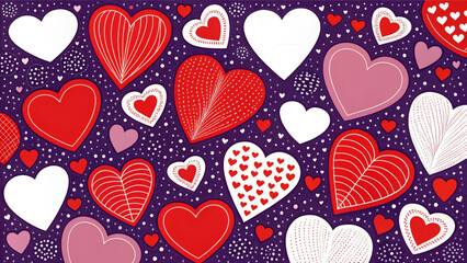 Fototapeta premium A colorful pattern features various hearts in red, white, and pink hues against a dark purple background. The hearts vary in size and design, creating a lively and romantic atmosphere.AI