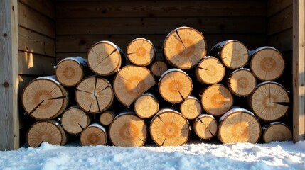 Fototapeta premium Winter's Embrace A Stack of Firewood Logs in a Wooden Shed, Covered in Fresh Snow