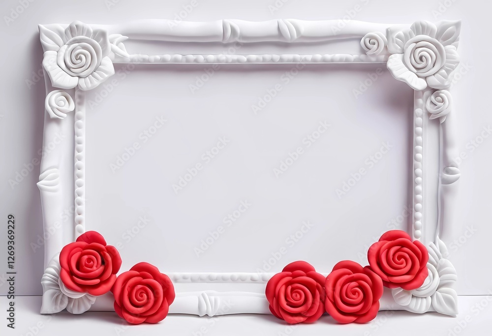 Poster a vibrant red and white decorated frame with roses surrounds an empty space. this setup is perfect f