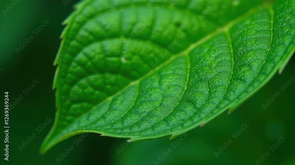 Poster close-up view of a vibrant green leaf with intricate veins and textured surface