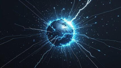 Abstract impact of cosmic silver and supernova cyan glowing lightning sparks effects anime on plain black background
