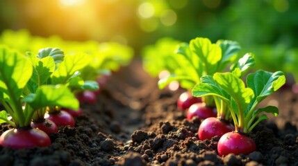 Vibrant Red Radishes Growing in Rich Soil, Basking in Warm Sunlight, a Symbol of Freshness and Nature's Bounty