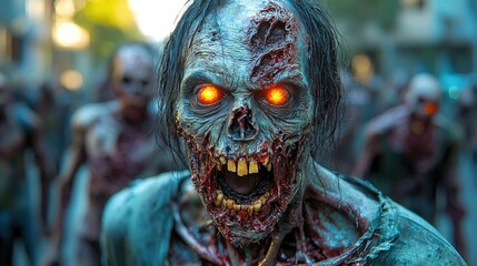 Zombie walking slowly down an abandoned urban street surrounded by shadows and eerie ambience