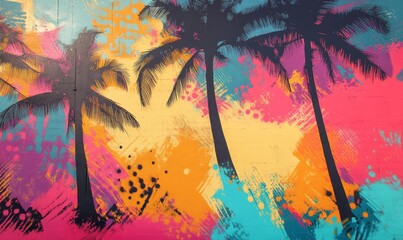 Palm trees vibrant wall art colorful abstraction.