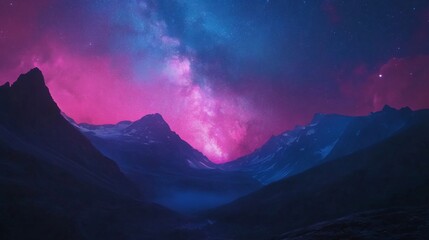 An ethereal cosmic landscape full of vibrant colors depicting a starry night sky with distant mountains, inviting viewers to reflect on the beauty of the universe.