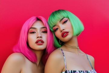 Naklejka premium Two women with green and pink hair pose for a photo. Scene is playful and fun, as the women are wearing bright and colorful hair