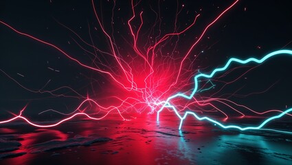 Abstract impact of crimson red and neon cyan glowing lightning sparks effects anime on plain black background