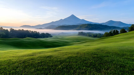 Sunrise over rolling hills and misty valley, majestic mountain peak background; idyllic landscape postcard