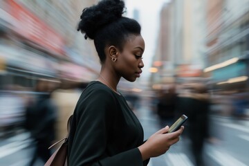 A woman with a cell phone in her hand is walking down a busy street. Concept of modern urban life and the constant presence of technology in our daily routines