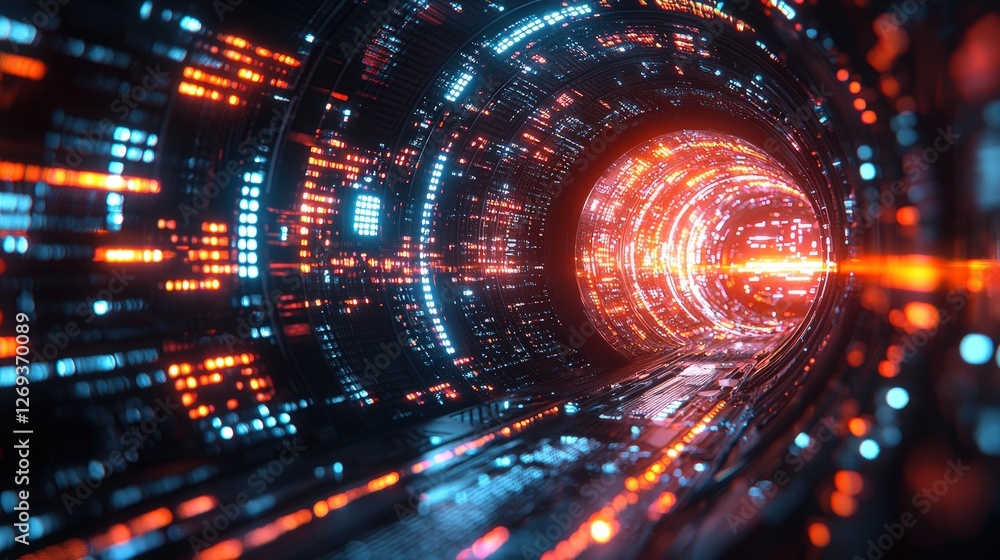 Poster futuristic tunnel illuminated by colorful lights creating a stunning visual experience