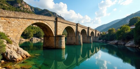 Footbridge's stone pillars rising from Guadalope river, teruel, guadalope, bridge