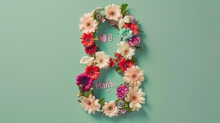 Colorful and Creative Number "8" Decorated with Flowers and Text "March" on Pastel Green Background in Flat Lay Composition with Detailed Texture and Natural Lighting for “International Woman‘s Day"