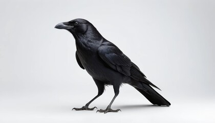 Fototapeta premium Black raven standing elegantly with glossy feathers on a neutral background showcasing its sharp features and striking appearance