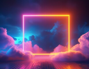 3d render, abstract minimal background with pink blue yellow neon light square frame with copy space, illuminated stormy clouds, glowing geometric shape. Neon Lights. Illustration.